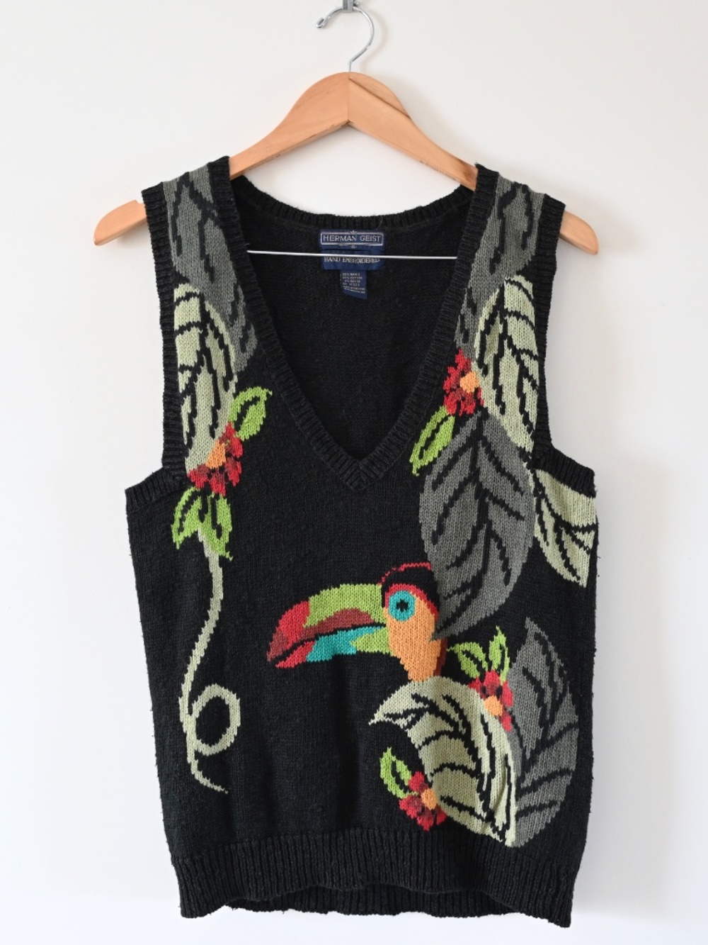 1980s Herman Geist Hand Embroidered Tropical Toucan Sweater Vest Size Small